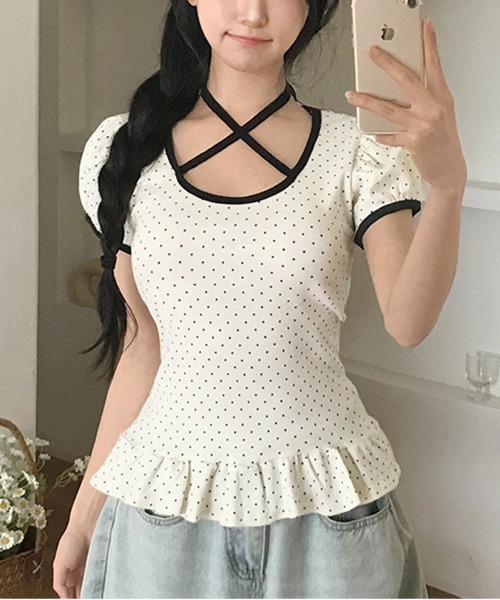 gossip!ロサンゼルス(ゴシップロサンゼルス)の「リボンストラップ 裾フリルパフスリーブトップス(Tシャツ/カットソー・レディース・ホワイト/グレー/ブラック・FREE)」の13枚目の写真