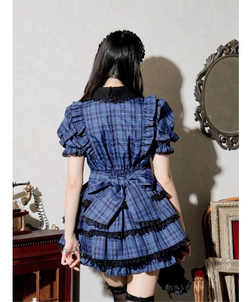 【ノントーキョー】フリルベスト ドローコード ネイビー ギャザー 日本製 レースアップサスペンダーティアードセットアップ（ワンピース