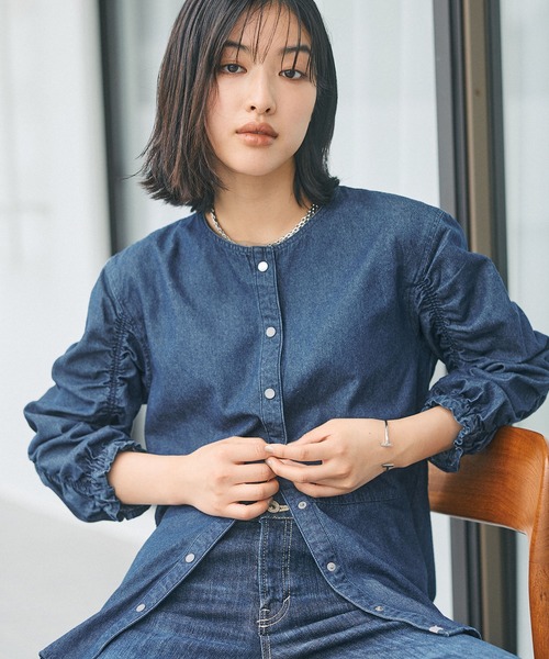 新品✨8オンスデニムプライムオーバーレイヤリングショートスリーブシャツ 黒 01 SOMETHINGシャーリングスリーブデニムブラウス（シャツ/ブラウス