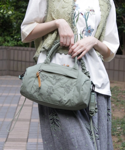 スーパーハッカ（SUPER HAKKA）/「glanta」線画フラワー刺繍ミニドラムギャザーショルダーバッグ セール】「glanta」線画フラワー刺繍ミニドラムギャザーショルダー