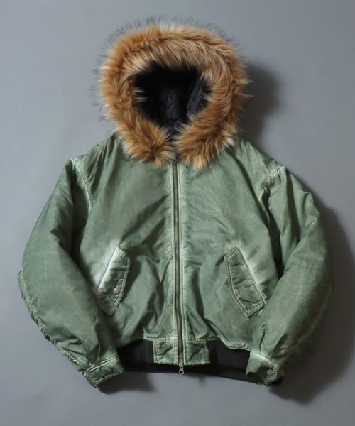 ANPAS(アンパス)の「Washed Hooded Bomber Jacket/ ヴィンテージ加工 フードファーボンバージャケット フライトジャケット パーカー ミリタリーブルゾン アウター メンズ レディース(ブルゾン・メンズ・カーキ/ブラック/ライトグレー・L/M)」の3枚目の写真