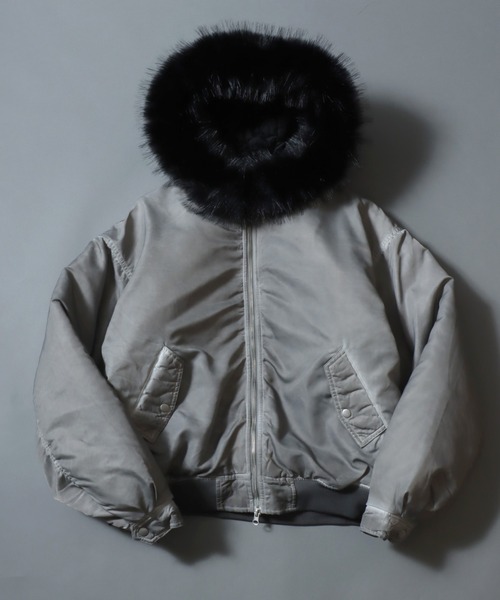 ANPAS(アンパス)の「Washed Hooded Bomber Jacket/ ヴィンテージ加工 フードファーボンバージャケット フライトジャケット パーカー ミリタリーブルゾン アウター メンズ レディース(ブルゾン・メンズ・カーキ/ブラック/ライトグレー・L/M)」の1枚目の写真