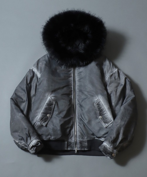 ANPAS(アンパス)の「Washed Hooded Bomber Jacket/ ヴィンテージ加工 フードファーボンバージャケット フライトジャケット パーカー ミリタリーブルゾン アウター メンズ レディース(ブルゾン・メンズ・カーキ/ブラック/ライトグレー・L/M)」の2枚目の写真