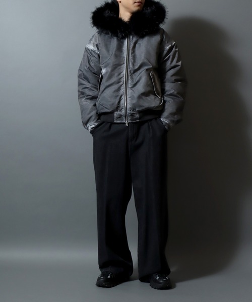 セール】Washed Hooded Bomber Jacket/ ヴィンテージ加工 フードファー