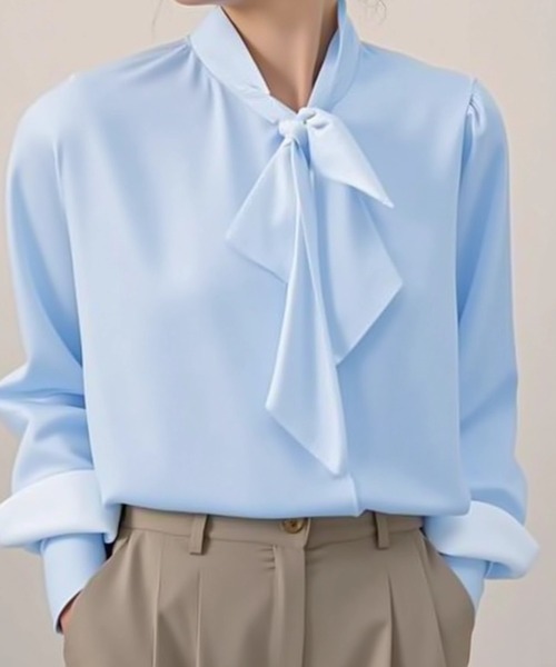 cammie(キャミー)の「ボウタイ付きブラウス(シャツ/ブラウス・レディース・ホワイト/ライトブルー・LARGE/MEDIUM)」の11枚目の写真