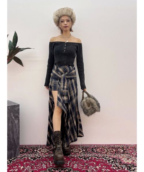 EVRIS スリーブデザインチェックアシンメトリースカート　トップス　上下セット スリーブデザインチェックアシンメトリースカート（スカート）｜EVRIS