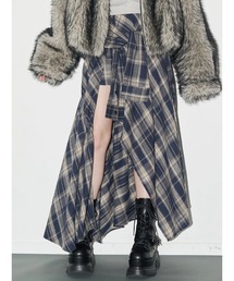 スリーブデザインチェックアシンメトリースカート