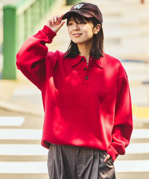 ウォッシャブル スウェットライク ポロカラーニット/静電気ケア