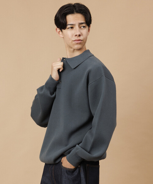 ウォッシャブル スウェットライク ポロカラーニット/静電気ケア