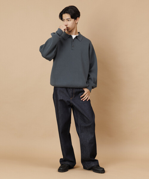 ウォッシャブル スウェットライク ポロカラーニット/静電気ケア