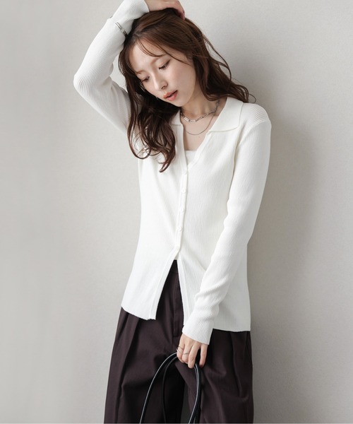 AMELY(エミリー)の「スキッパーデザインリブニットカーディガン(カーディガン/ボレロ・レディース・グレー/ブラック/モカ/ホワイト・フリー)」の2枚目の写真