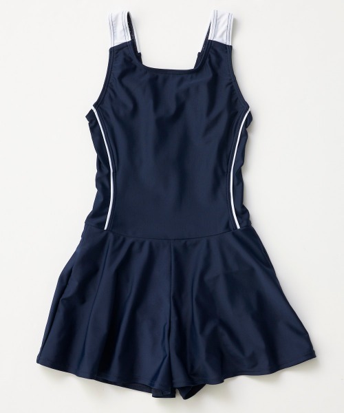 OP/RUSTY（オーピー/ラスティー）の「【ノーブランド】スクール水着 キッズ キュロットワンピース水着 Aラインワンピース スイミング  日焼け対策 UVカット ストレッチ素材（水着・キッズ・ネイビー/サックスブルー/ネイビー×ホワイト/ブラック×パープル・130/140/150/160/170）」の4枚目の写真