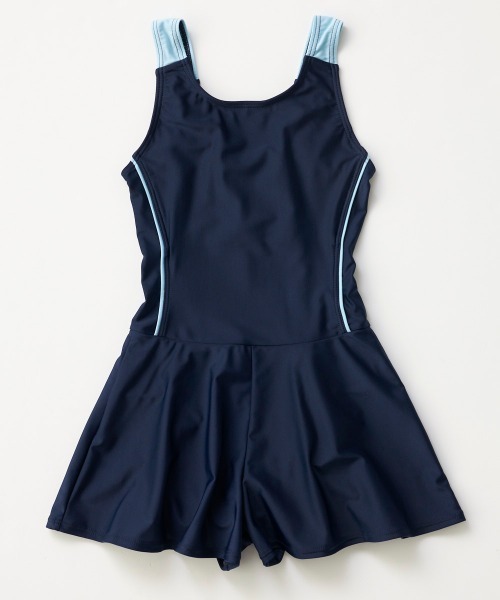 OP/RUSTY（オーピー/ラスティー）の「【ノーブランド】スクール水着 キッズ キュロットワンピース水着 Aラインワンピース スイミング  日焼け対策 UVカット ストレッチ素材（水着・キッズ・ネイビー/サックスブルー/ネイビー×ホワイト/ブラック×パープル・130/140/150/160/170）」の2枚目の写真