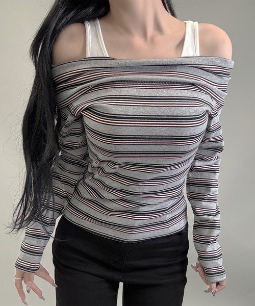 2color/ストライプオフショルレイヤードトップス（Tシャツ/カットソー