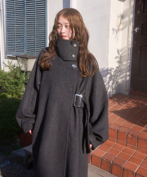 2wayスタンドカラーサイドベルトロングコート（チェスターコート