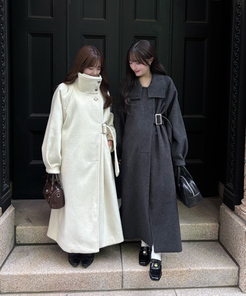 2wayスタンドカラーサイドベルトロングコート（チェスターコート