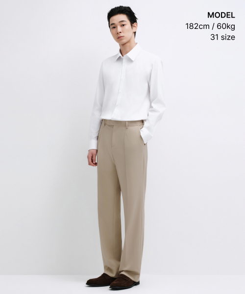 MUSINSA STANDARD（ムシンサスタンダード）の「ワイドヒドゥンバンディングスラックス[ベージュ]（スラックス・メンズ・その他・27/28/29/34/32/30/31/33/26/40/38/42/36）」の2枚目の写真