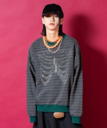 a.p.o.v.（エーピーオービー）の「a.p.o.v. モザイクドットボーンプリントオーバーサイズボーダー配色リブ切替ピグメントスウェットカットソー（スウェット）」