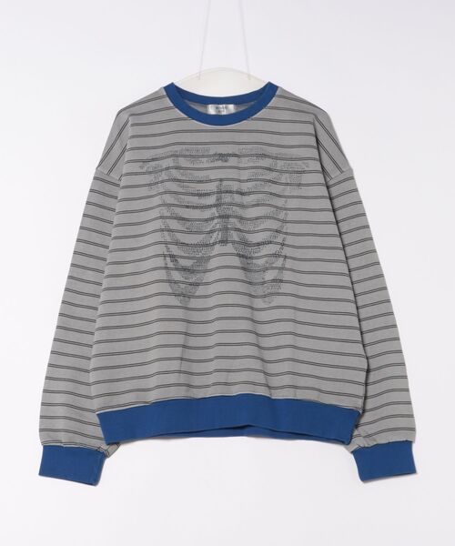 a.p.o.v.(エーピーオービー)の「a.p.o.v. モザイクドットボーンプリントオーバーサイズボーダー配色リブ切替ピグメントスウェットカットソー(スウェット・メンズ・グレー/チャコール・ONESIZE)」の8枚目の写真