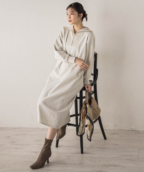 Droite lautreamont（ドロワットロートレアモン）の「【WEB限定】圧縮起毛ステンニットワンピース≪手洗い可能≫（ワンピース・レディース・ライトグレー/オフホワイト/ブラウン・M）」の7枚目の写真