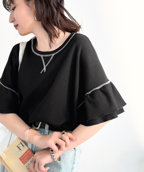 Java（ジャバ）の「《JaVaジャバコラボ》甘さと着やすさの絶妙バランス。ワッフルダブルフリルトップス (半袖)（Tシャツ/カットソー・レディース・チャコール/アイボリー/ブラック/杢グレー・LARGE/MEDIUM/SMALL/X-LARGE）」の17枚目の写真