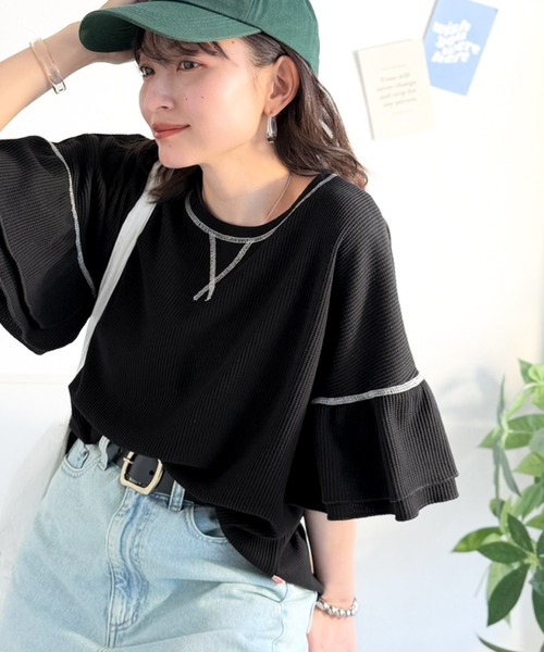 Java（ジャバ）の「《JaVaジャバコラボ》甘さと着やすさの絶妙バランス。ワッフルダブルフリルトップス (半袖)（Tシャツ/カットソー・レディース・チャコール/アイボリー/ブラック/杢グレー・LARGE/MEDIUM/SMALL/X-LARGE）」の14枚目の写真