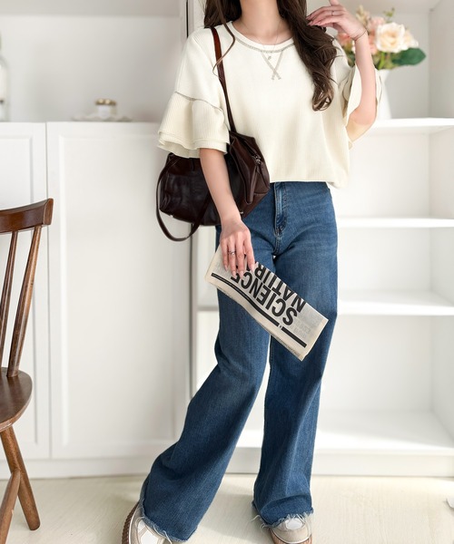 Java（ジャバ）の「《JaVaジャバコラボ》甘さと着やすさの絶妙バランス。ワッフルダブルフリルトップス (半袖)（Tシャツ/カットソー・レディース・チャコール/アイボリー/ブラック/杢グレー・LARGE/MEDIUM/SMALL/X-LARGE）」の6枚目の写真