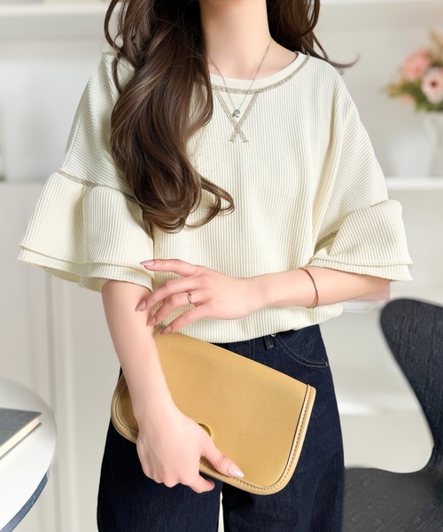 Java（ジャバ）の「《JaVaジャバコラボ》甘さと着やすさの絶妙バランス。ワッフルダブルフリルトップス (半袖)（Tシャツ/カットソー・レディース・チャコール/アイボリー/ブラック/杢グレー・LARGE/MEDIUM/SMALL/X-LARGE）」の7枚目の写真