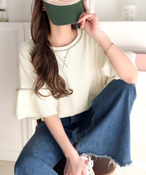 Java（ジャバ）の「《JaVaジャバコラボ》甘さと着やすさの絶妙バランス。ワッフルダブルフリルトップス (半袖)（Tシャツ/カットソー・レディース・チャコール/アイボリー/ブラック/杢グレー・LARGE/MEDIUM/SMALL/X-LARGE）」の10枚目の写真