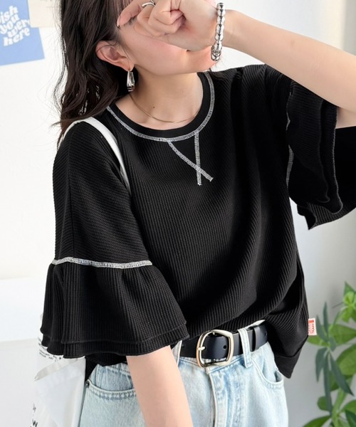 Java（ジャバ）の「《JaVaジャバコラボ》甘さと着やすさの絶妙バランス。ワッフルダブルフリルトップス (半袖)（Tシャツ/カットソー・レディース・チャコール/アイボリー/ブラック/杢グレー・LARGE/MEDIUM/SMALL/X-LARGE）」の13枚目の写真