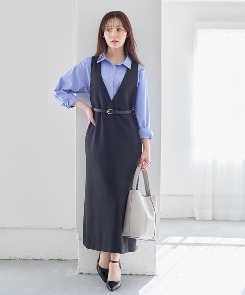 Andemiu（アンデミュウ）の「ベルトツキVネックジャンスカ646324（ジャンパースカート・レディース・アイボリー/ブラック/ブルー・FREE）」の6枚目の写真