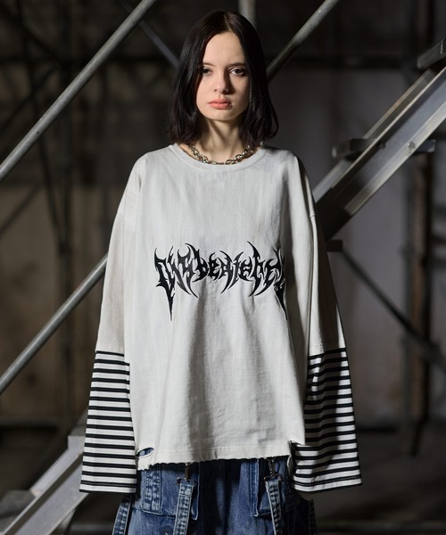 ERAR（エラー）の「【ERAR】ヴィンテージライクハイダメージボーダーレイヤード刺繍ロンT（Tシャツ/カットソー・メンズ・ホワイト系/ブラック系/ブラック系1・XL/L/M/S）」の16枚目の写真