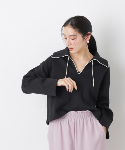 NANO universe(ナノユニバース)の「ダンボールカットバイカラーパイピングビッグカラートップス(Tシャツ/カットソー・レディース・オフホワイト/ブラック・FREE)」の2枚目の写真