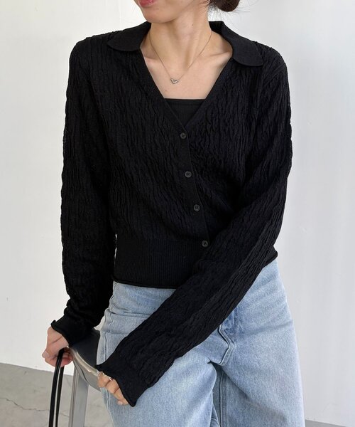 CAPRICIEUX LE'MAGE（カプリシューレマージュ）の「変形シャーリングポロカーディガン（カーディガン/ボレロ・レディース・ライトベージュ/ブラック・FREE）」の3枚目の写真