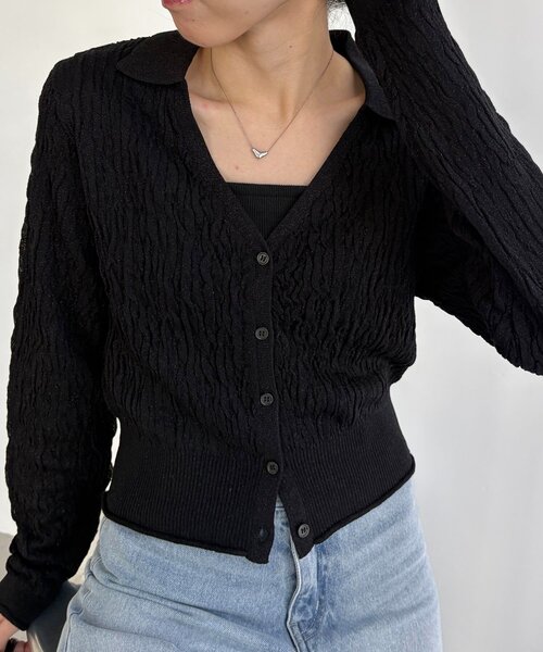 CAPRICIEUX LE'MAGE（カプリシューレマージュ）の「変形シャーリングポロカーディガン（カーディガン/ボレロ・レディース・ライトベージュ/ブラック・FREE）」の5枚目の写真