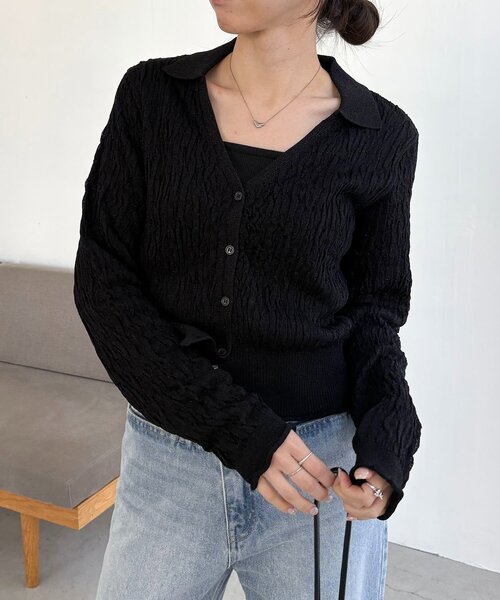 CAPRICIEUX LE'MAGE（カプリシューレマージュ）の「変形シャーリングポロカーディガン（カーディガン/ボレロ・レディース・ライトベージュ/ブラック・FREE）」の8枚目の写真