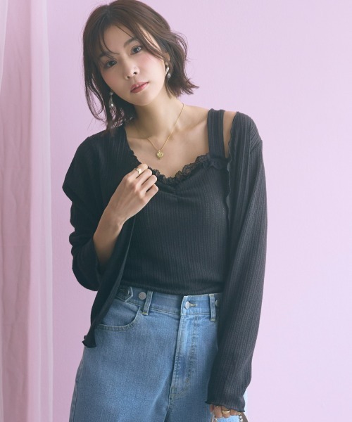 marun（マルン）の「＜大きいサイズ＞２点セット(カーディガン＋キャミソール) marun（カーディガン/ボレロ・レディース・ブラック/オフホワイト・L/LL/3L/4L/5L）」の2枚目の写真