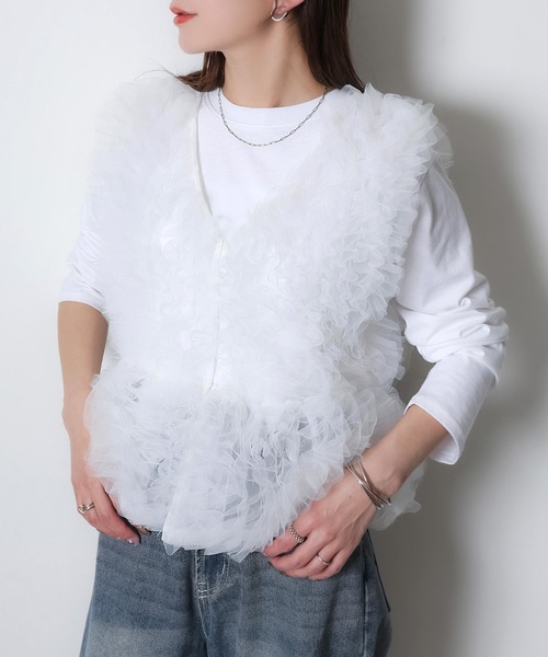 Riberry(リベリー)の「チュールベスト×長袖TシャツSET(ベスト・レディース・ブラック/ホワイト/ブラック×ホワイト・FREE)」の2枚目の写真