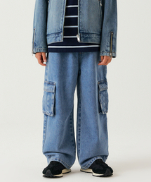 ワイドカーゴバンディングデニムパンツ[ライトインディゴ]