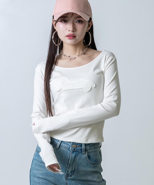 ANAP（アナップ）の「ワッペンロゴ リブトップス（Tシャツ/カットソー・レディース・オフホワイト/ダークグレー/ピンク・F）」の5枚目の写真