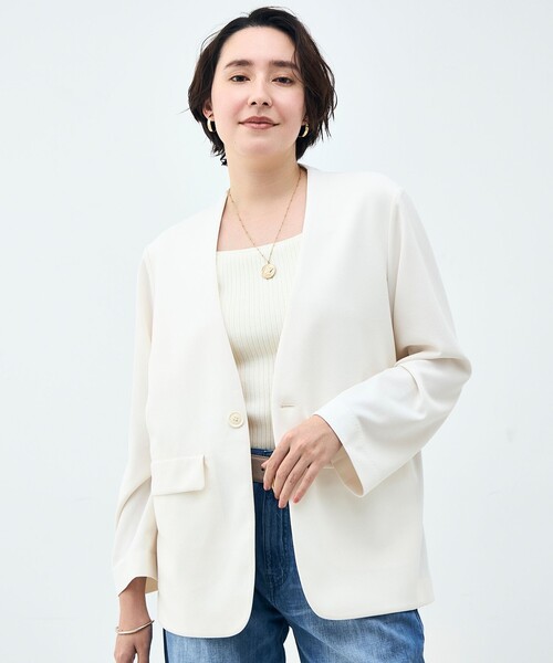 Rie Miller(リエミラー)の「ウォッシャブルノーカラージャケットジョーゼットダンボール(ノーカラージャケット・レディース・ブラック/オフホワイト・38)」の2枚目の写真