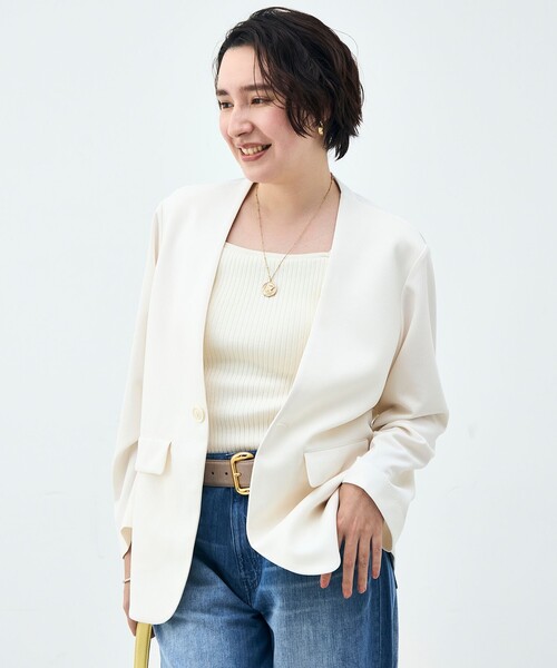 Rie Miller(リエミラー)の「ウォッシャブルノーカラージャケットジョーゼットダンボール(ノーカラージャケット・レディース・ブラック/オフホワイト・38)」の7枚目の写真