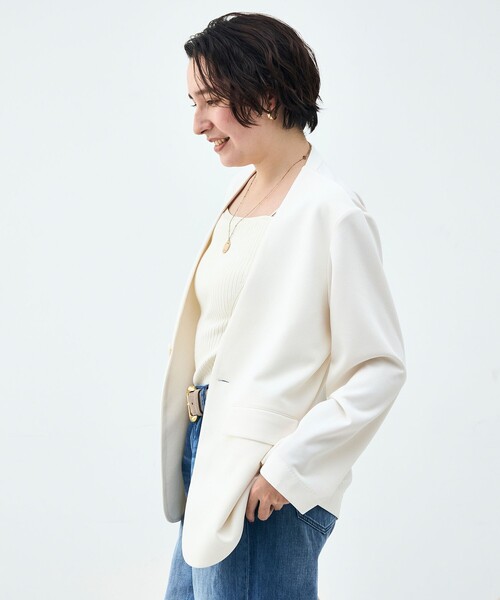 Rie Miller(リエミラー)の「ウォッシャブルノーカラージャケットジョーゼットダンボール(ノーカラージャケット・レディース・ブラック/オフホワイト・38)」の8枚目の写真