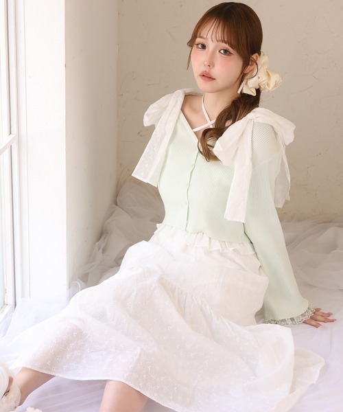 one after another NICE CLAUP(ワンアフターアナザーナイスクラップ)の「肩リボンティアードキャミワンピース(ワンピース・レディース・サックスブルー/オフホワイト/チェック/ミント・MEDIUM/SMALL)」の13枚目の写真