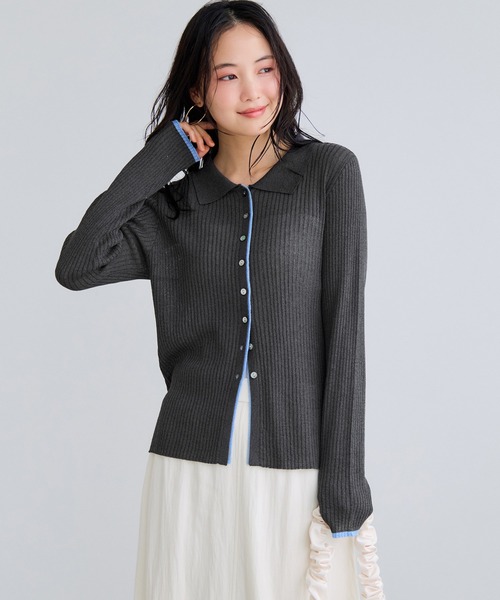 VIS（ビス）の「ポロ襟配色シアーリブカーディガン/イージーケア（カーディガン/ボレロ・レディース・チャコールグレー/ベージュ/ピンク・FREE）」の21枚目の写真