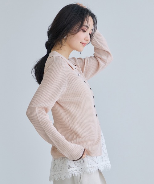VIS（ビス）の「ポロ襟配色シアーリブカーディガン/イージーケア（カーディガン/ボレロ・レディース・チャコールグレー/ベージュ/ピンク・FREE）」の4枚目の写真