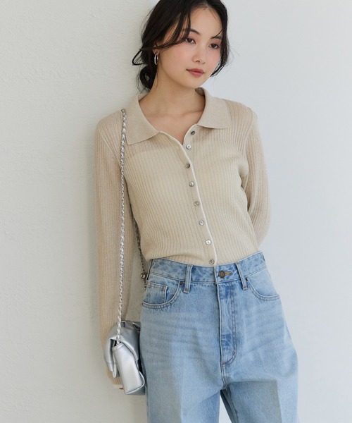 VIS（ビス）の「ポロ襟配色シアーリブカーディガン/イージーケア（カーディガン/ボレロ・レディース・チャコールグレー/ベージュ/ピンク・FREE）」の12枚目の写真