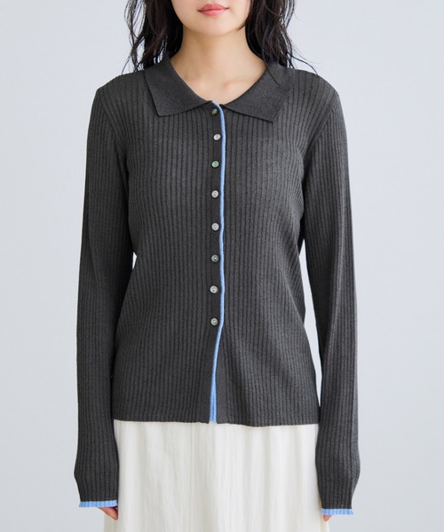 VIS（ビス）の「ポロ襟配色シアーリブカーディガン/イージーケア（カーディガン/ボレロ・レディース・チャコールグレー/ベージュ/ピンク・FREE）」の6枚目の写真