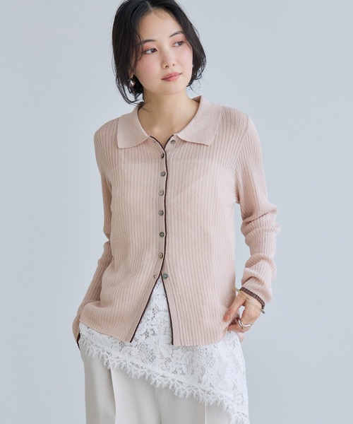 VIS（ビス）の「ポロ襟配色シアーリブカーディガン/イージーケア（カーディガン/ボレロ・レディース・チャコールグレー/ベージュ/ピンク・FREE）」の8枚目の写真