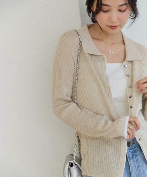 VIS（ビス）の「ポロ襟配色シアーリブカーディガン/イージーケア（カーディガン/ボレロ・レディース・チャコールグレー/ベージュ/ピンク・FREE）」の5枚目の写真